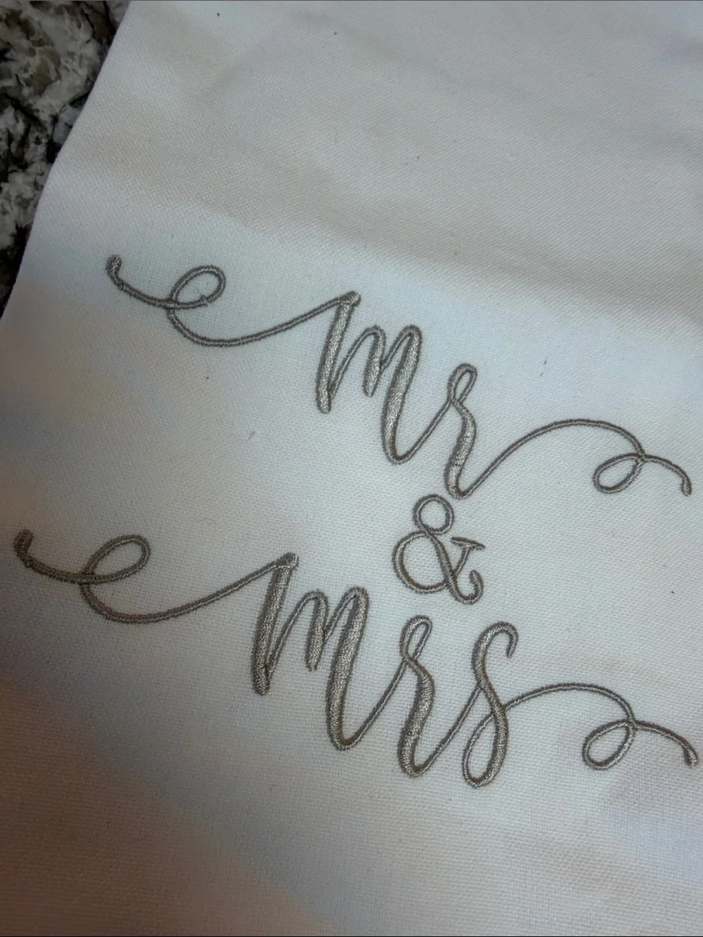 Mr & Mrs Embroidered White Cotton Tea Towel NWOT quiet luxury bridal wedding